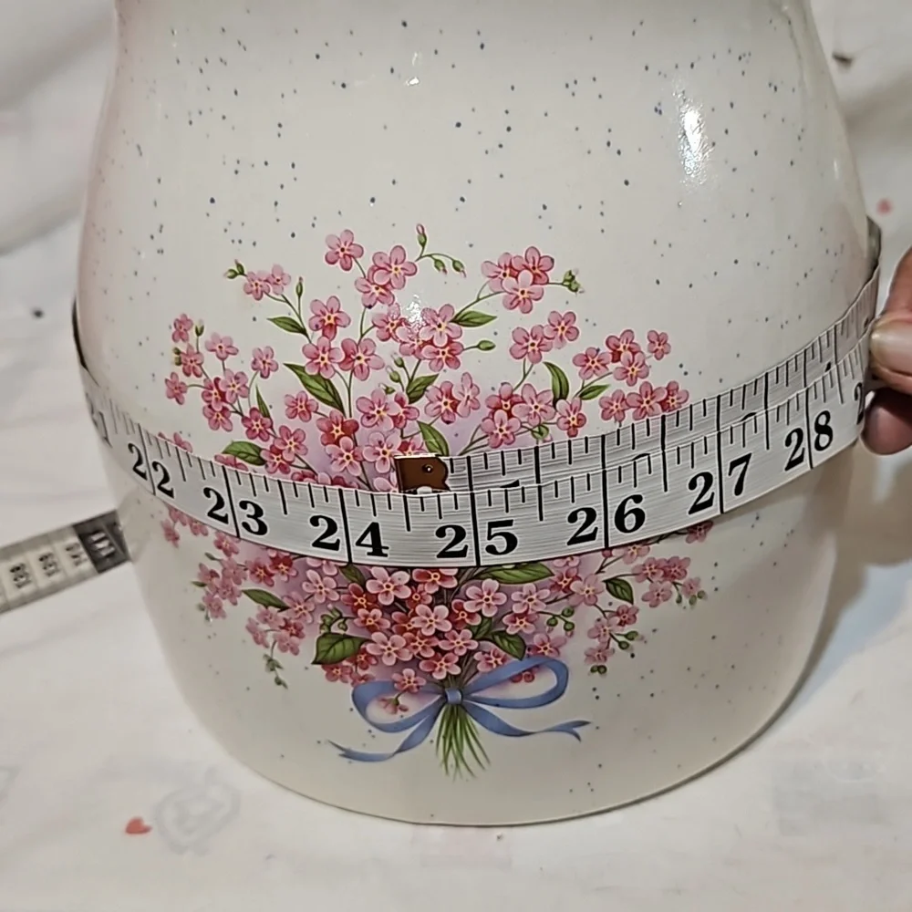 Vintage Speckled Ceramic Blush Pink Flower Blue Ribbon Large Canister Jar w/Lid